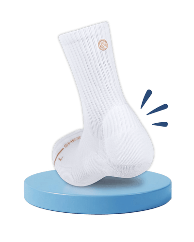 White sock with a brand logo on a blue platform against a transparent background